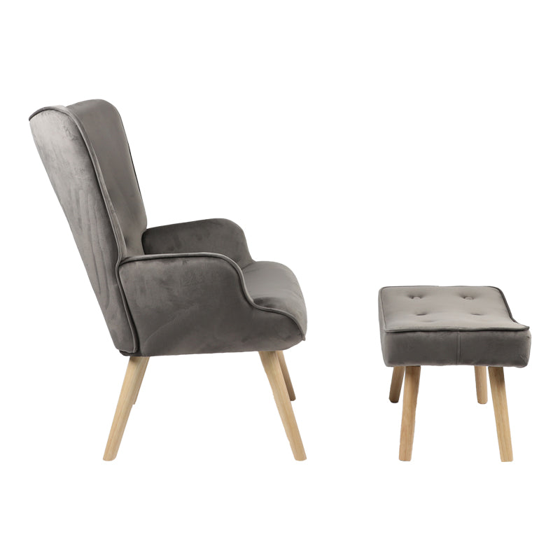 Armchair with footstool Vivienne pakoworld velvet fabric dark grey-natural leg 75x69x96cm