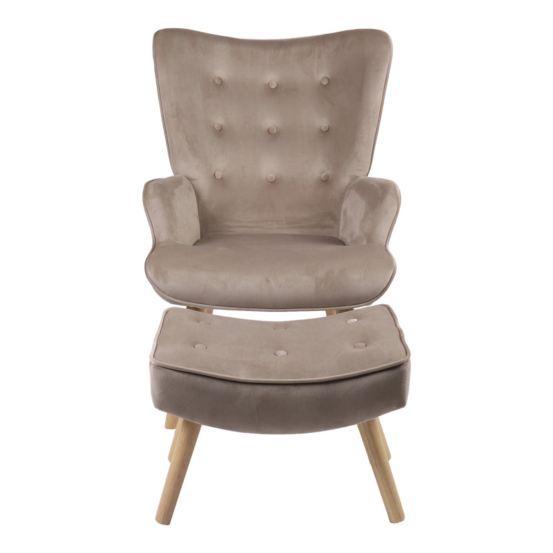 Armchair with footstool Vivienne pakoworld velvet fabric beige-natural leg 75x69x96cm