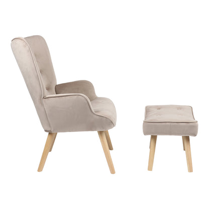 Armchair with footstool Vivienne pakoworld velvet fabric beige-natural leg 75x69x96cm