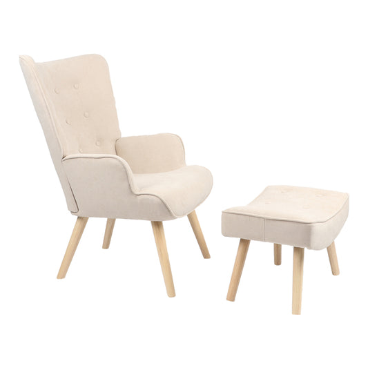 Armchair with footstool Vivienne pakoworld fabric beige-natural leg 75x69x96cm