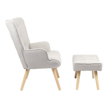 Armchair with footstool Vivienne pakoworld fabric light grey-natural leg 75x69x96cm