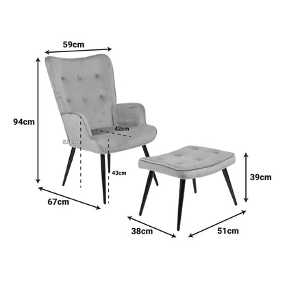 Armchair with footstool Siella black velvet-black metal leg 59x67x94cm