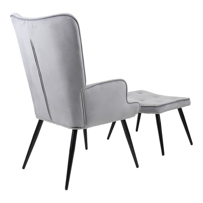 Armchair with footstool Siella grey velvet-black metal leg 59x67x94cm