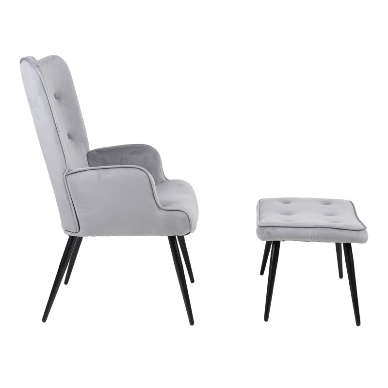 Armchair with footstool Siella grey velvet-black metal leg 59x67x94cm