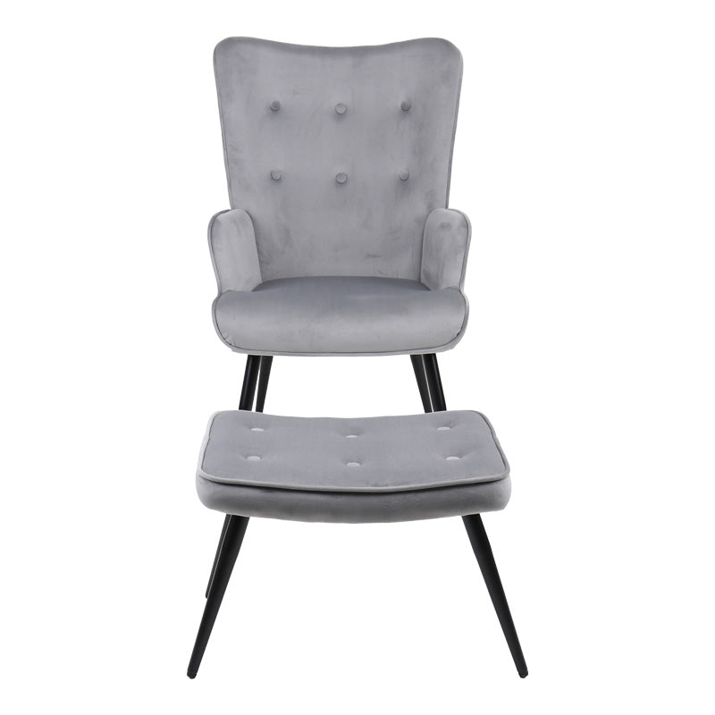 Armchair with footstool Siella grey velvet-black metal leg 59x67x94cm