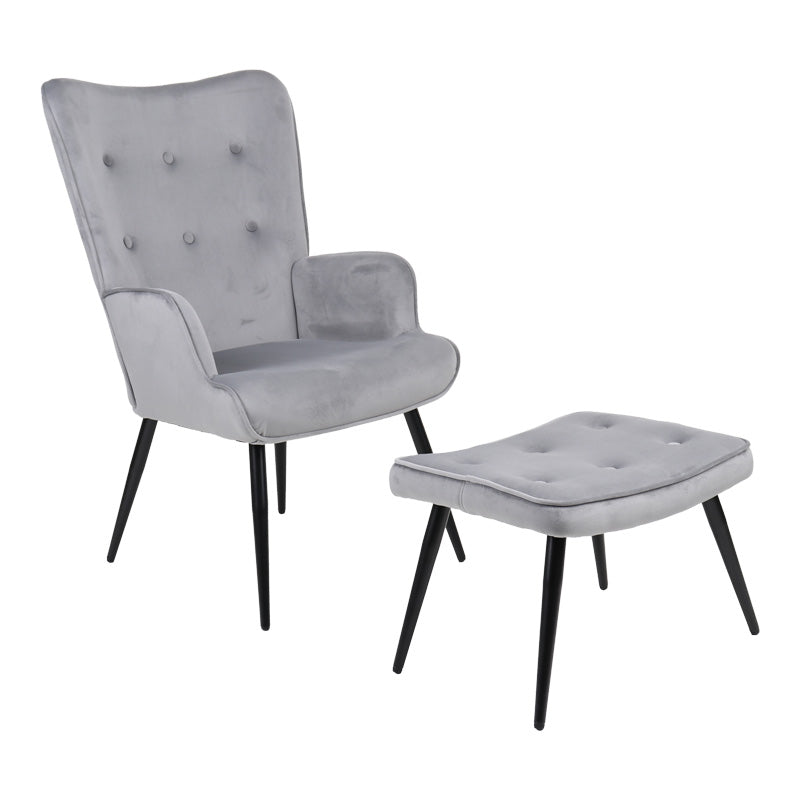 Armchair with footstool Siella grey velvet-black metal leg 59x67x94cm