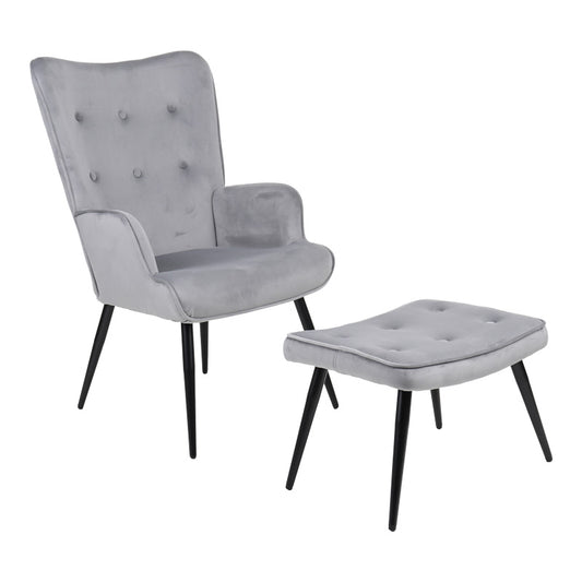 Armchair with footstool Siella grey velvet-black metal leg 59x67x94cm