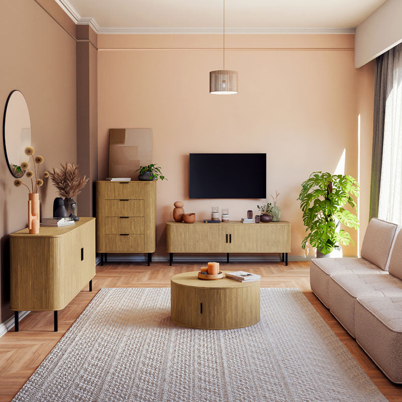 Tv stand-Medium size buffet Scandi pakoworld MDF natural color with black metal legs 150x45x57.5cm