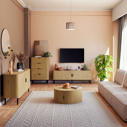 Tv stand-Medium size buffet Scandi pakoworld MDF natural color with black metal legs 150x45x57.5cm