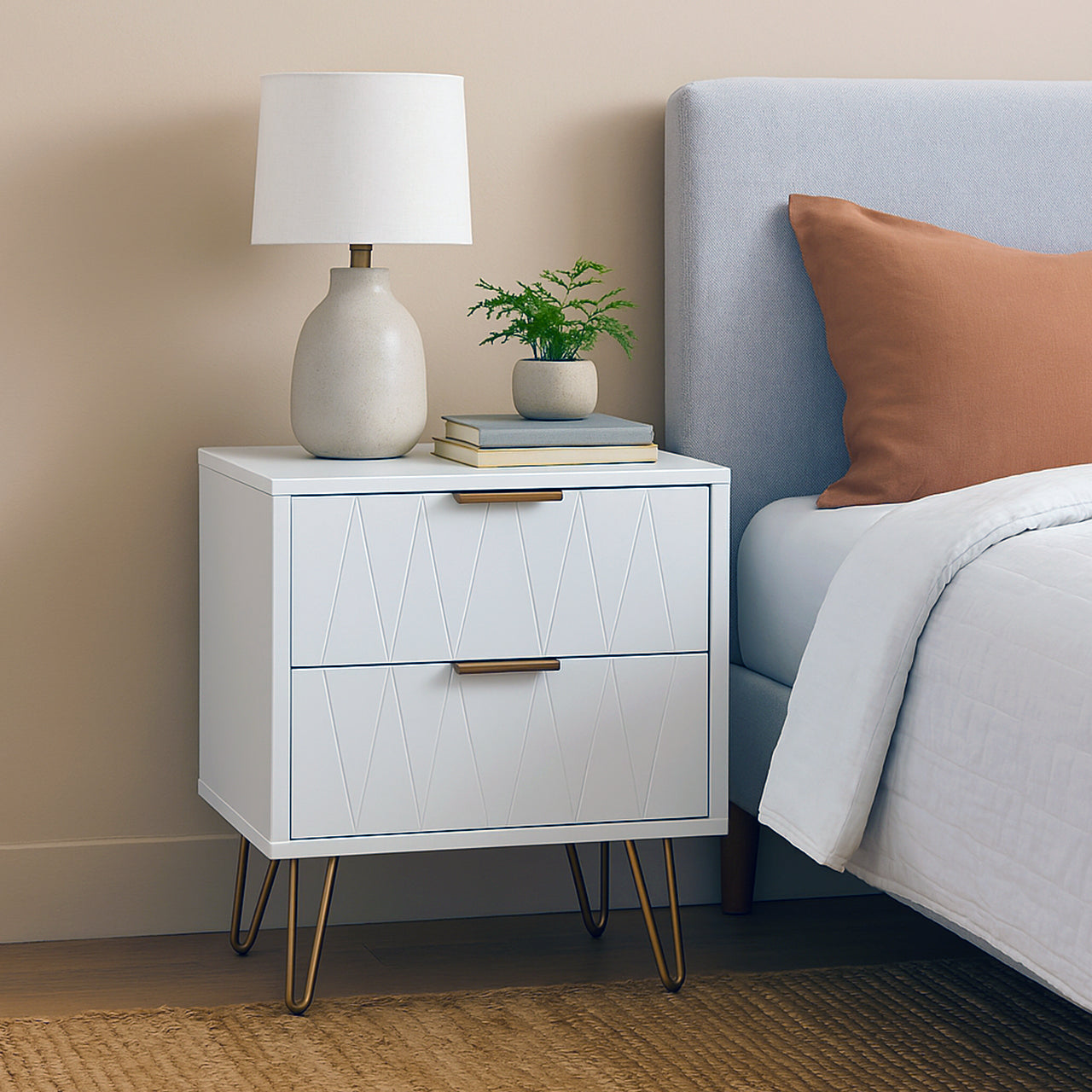 Nightstand Culture  with 2 drawers in white color with golden legs 40x35x52cm