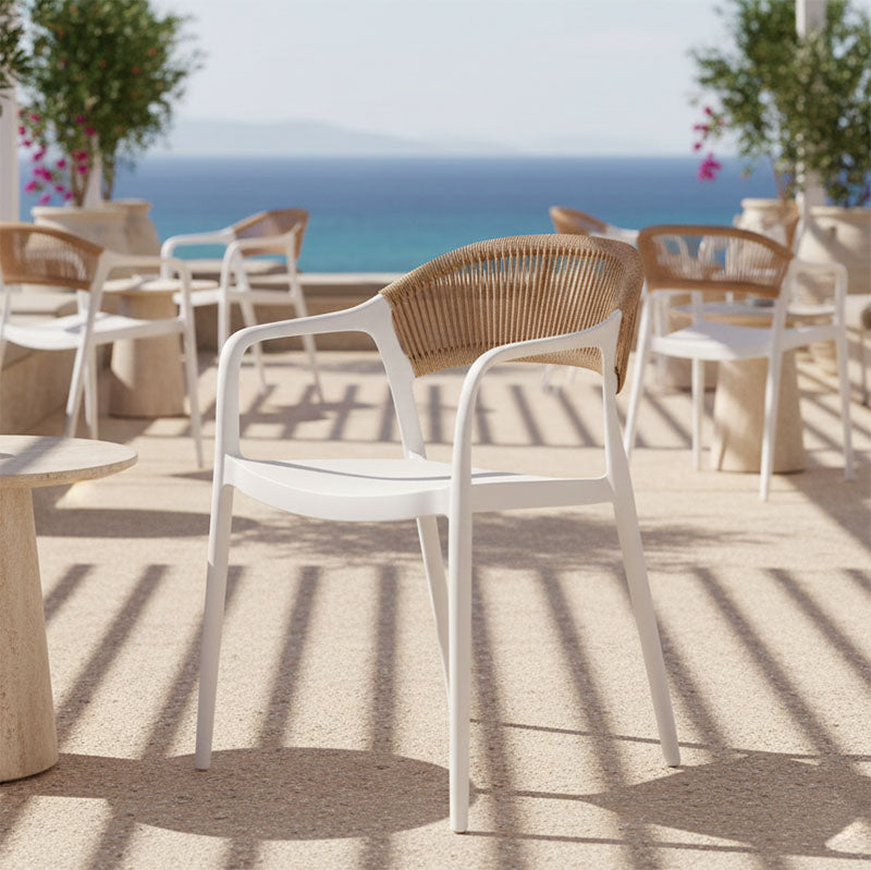 Ankara stackable armchair pp in white color and natural color pe rattan 54x55.5x77cm