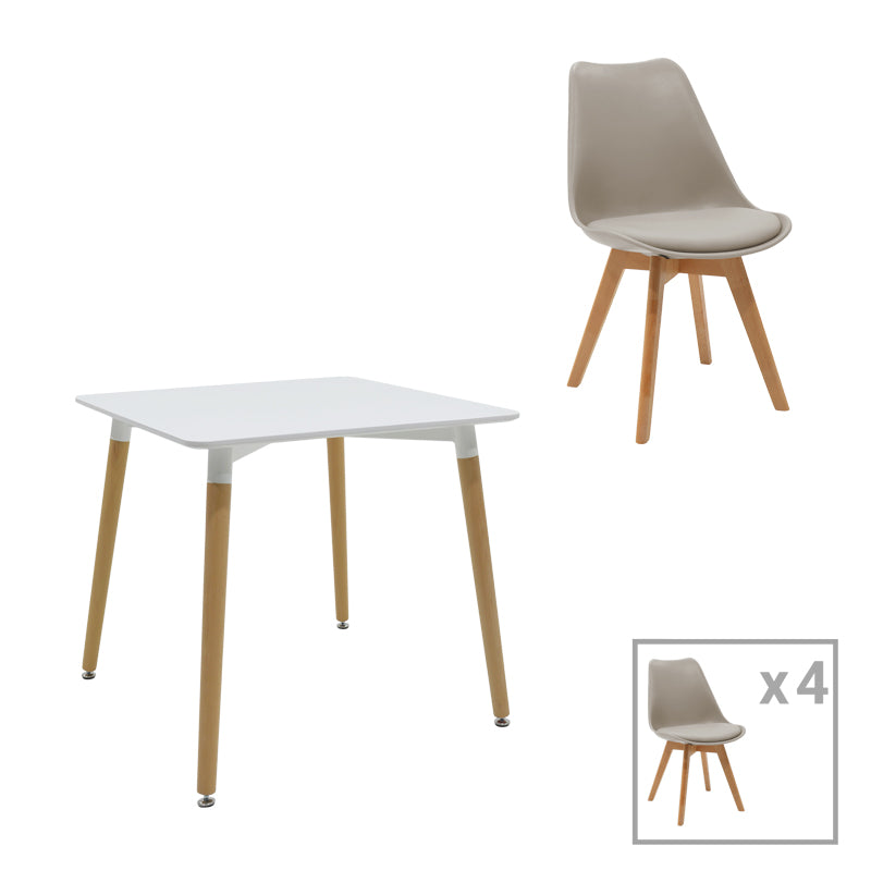 Dining table Natali-Gaston set of 5 pakoworld MDF and beech wood in gray-white-natural shade 80x80x76cm