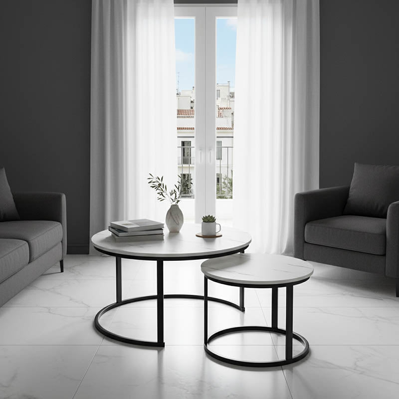 Coffee tables Solme I 2pcs in white marble color with black metal legs