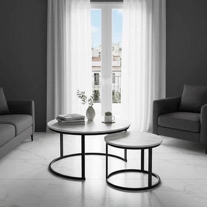 Coffee tables Solme I 2pcs in white marble color with black metal legs