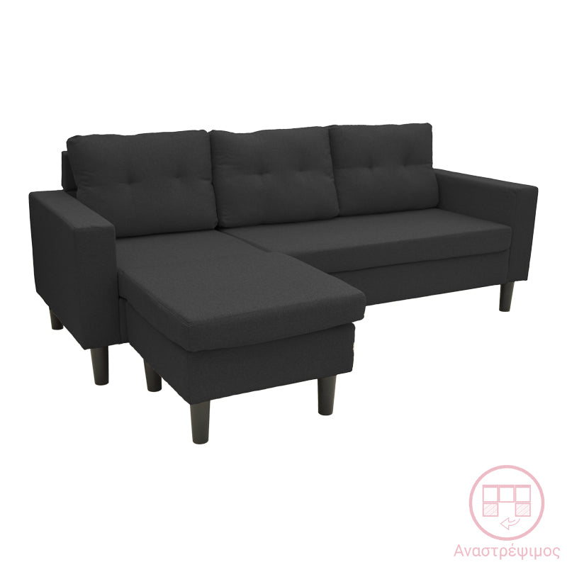 Reversible corner sofa Maneli fabric black 196x138/77x82cm