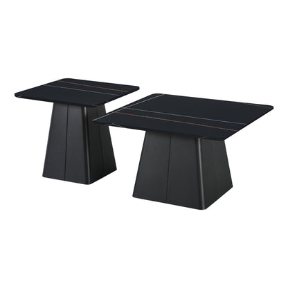 Square coffee tables set of 2 metal-sintered stone in black marble color