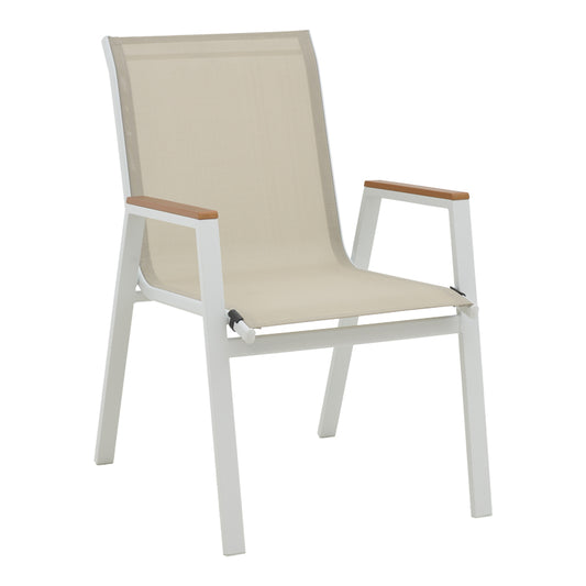 Azelie aluminum armchair in beige textilene shade and white leg 56x75x88cm