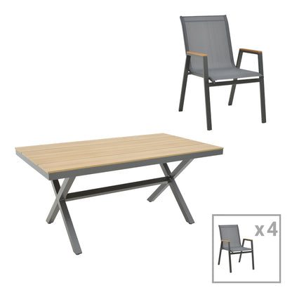 Thorio-Azelie dining table set of 5 pakoworld anthracite aluminum and plywood in natural shade 160x90x75cm