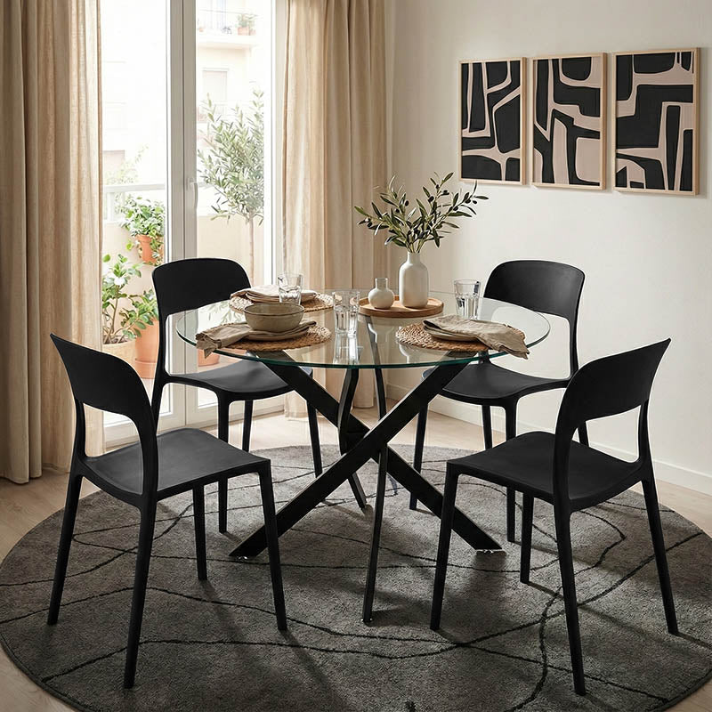 Antoro table glass and metal legs in black shade D80x75cm