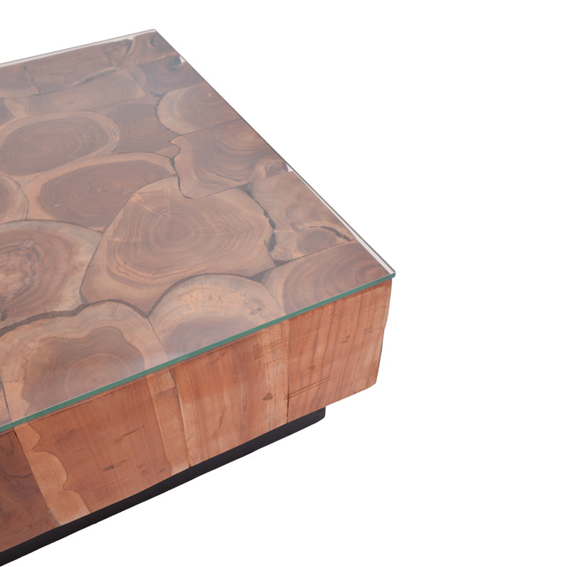 Granon Inart coffee table walnut-black solid teak wood-glass 80x80x32cm