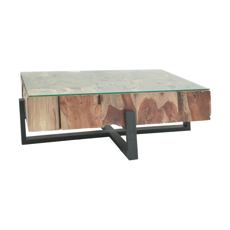 Borth Inart coffee table natural-black solid teak wood - glass 125x77x40cm