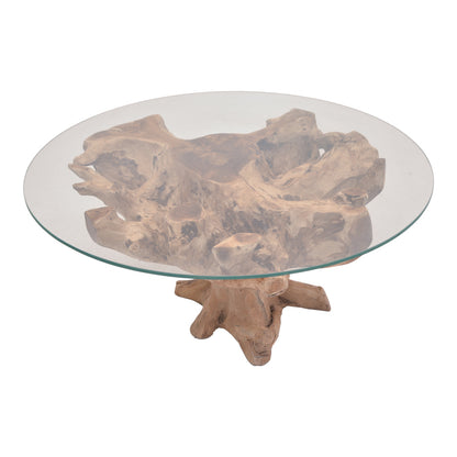 Coffee table Motive Inart natural-black solid teak wood-glass D80x45cm