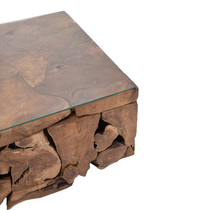 Gelon Inart coffee table natural solid wood teak-glass 100x100x45cm