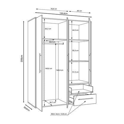 Wardrobe Razol 3 doors white-sonoma melamine 144.5x59x200cm