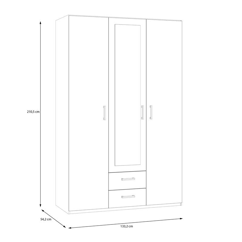 Jakrine pakoworld melamine three-leaf wardrobe melamine with mirror in white with 3 grey shelves 133.2x54.2x210.5cm