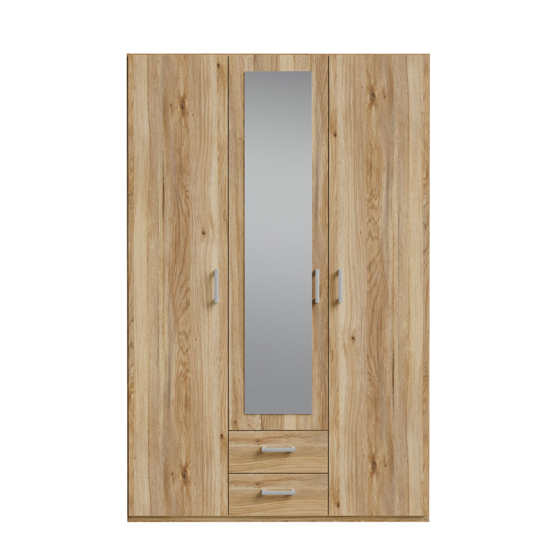 Jakrine pakoworld melamine three-leaf wardrobe melamine with mirror in oak with 3 grey shelves 133.2x54.2x210.5cm