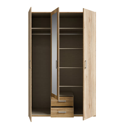 Jakrine pakoworld melamine three-leaf wardrobe melamine with mirror in oak with 3 grey shelves 133.2x54.2x210.5cm