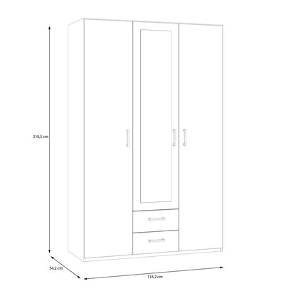 Jakrine pakoworld melamine three-leaf wardrobe melamine with mirror in oak with 3 grey shelves 133.2x54.2x210.5cm