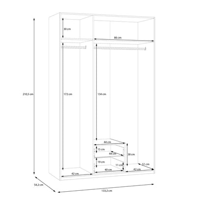 Jakrine pakoworld melamine three-leaf wardrobe melamine with mirror in oak with 3 grey shelves 133.2x54.2x210.5cm