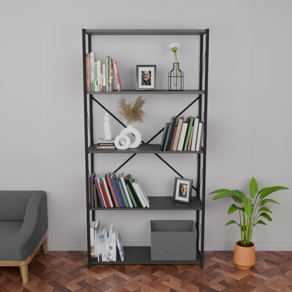 Bookcase Tikilmo pakoworld anthracite melamine-black metal 88x34x180cm