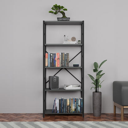Bookcase Draizy pakoworld anthracite melamine-black metal 60x30x150cm