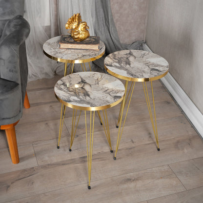 Side tables Wakmi 3 pieces set grey beige marble melamine-gold metal