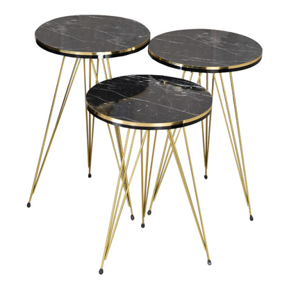 Side tables Wakmi 3 pieces set black marble melamine-gold metal