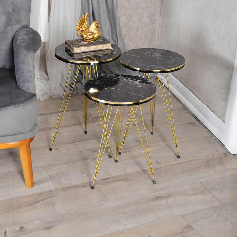 Side tables Wakmi 3 pieces set black marble melamine-gold metal