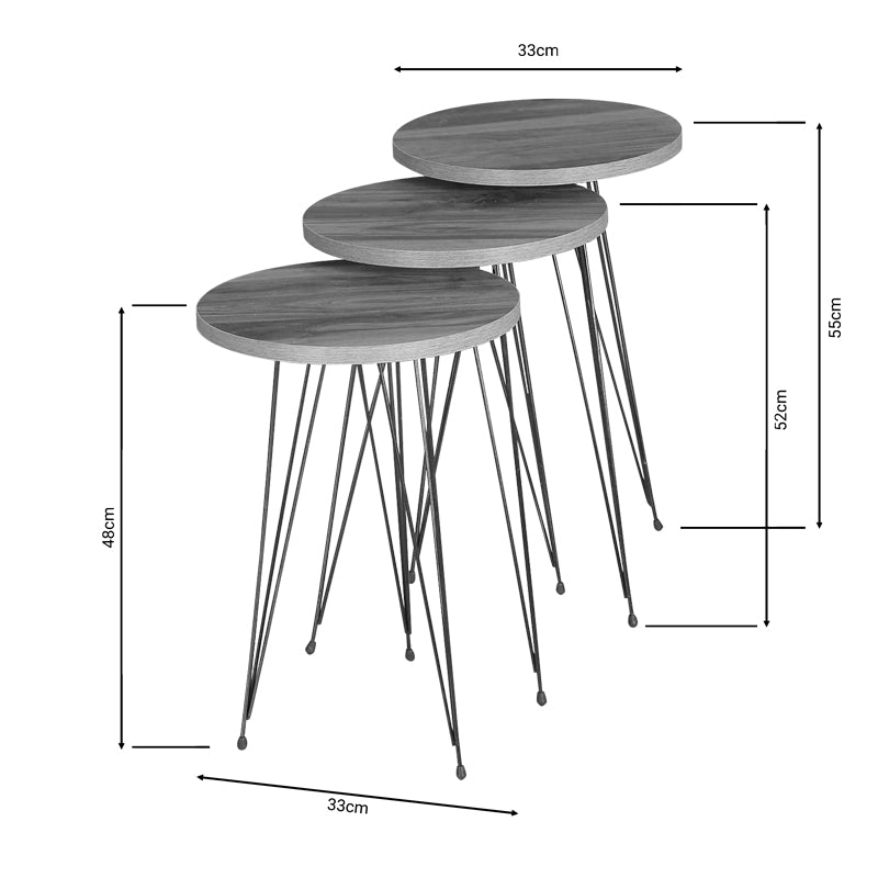 Side tables Wakmi 3 pieces set natural melamine-black metal