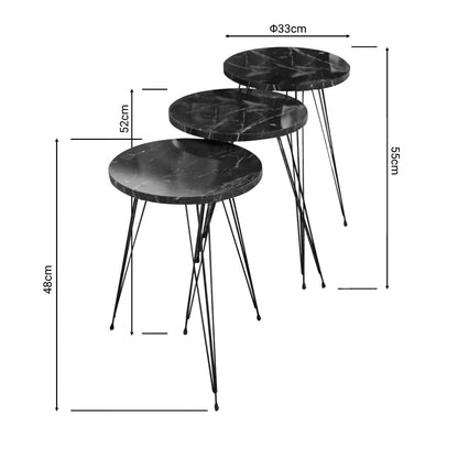 Side tables Wakmi 3 pieces set black marble melamine-black metal