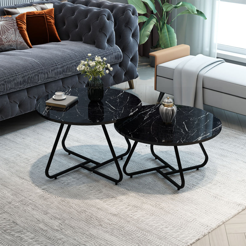 Symeli pakoworld coffee table set of 2 black metal and melamine in black marble shade 60x75x45cm