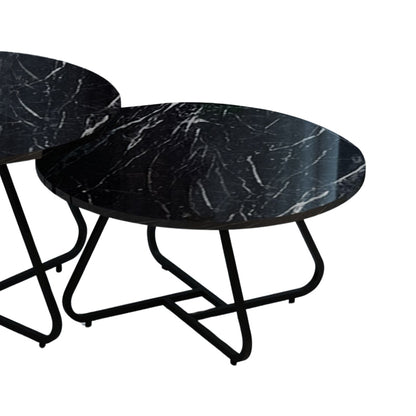 Symeli pakoworld coffee table set of 2 black metal and melamine in black marble shade 60x75x45cm
