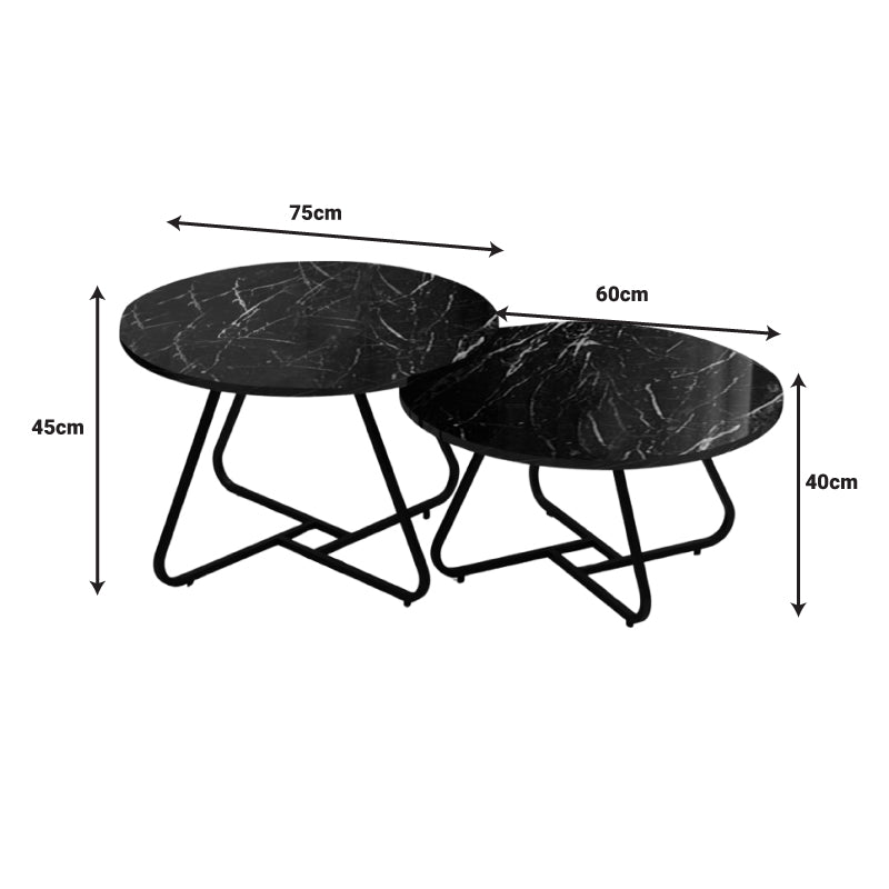 Symeli pakoworld coffee table set of 2 black metal and melamine in black marble shade 60x75x45cm