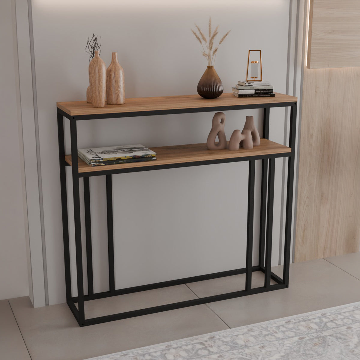 Daleti console in oak color with black metal frame 100x25x90cm
