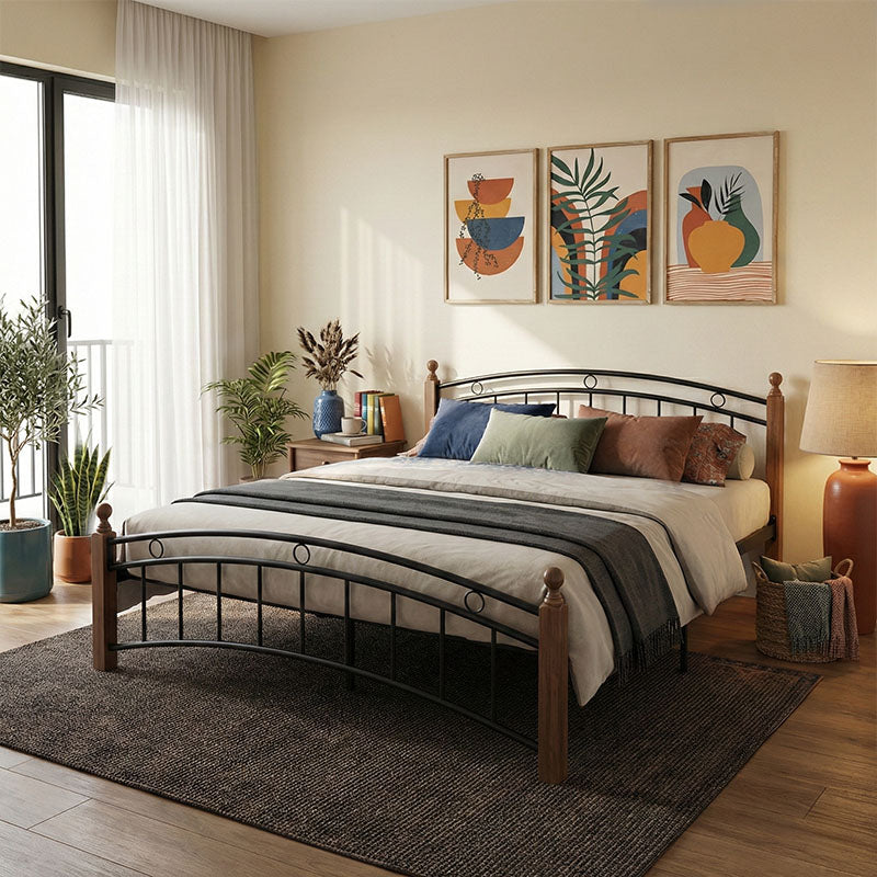 Queen size bed Clarive walnut color wood-black metal 160x200cm