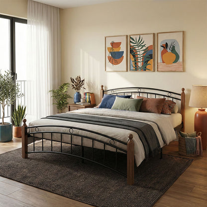 Queen size bed Clarive walnut color wood-black metal 160x200cm
