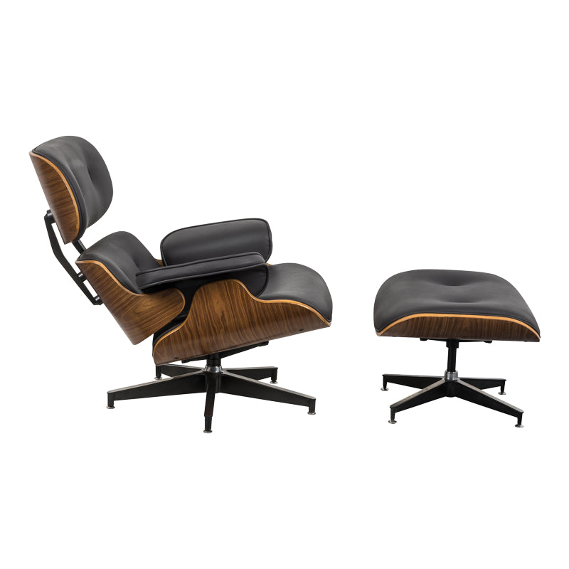 Armchair-footstool relax Jenna black pu-plywood walnut-chrome base 82x92x82cm