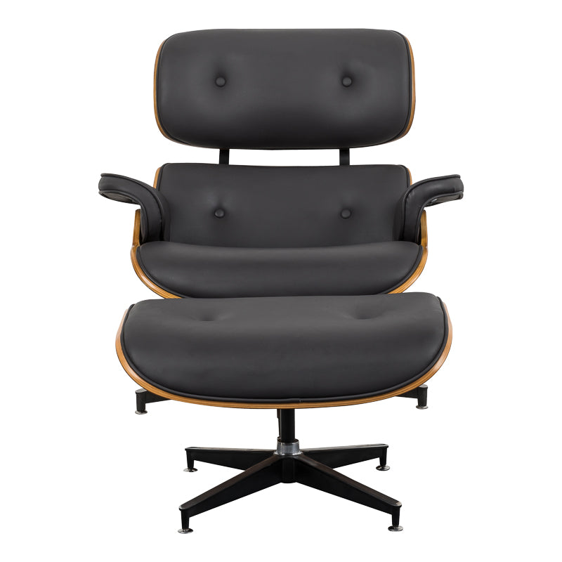 Armchair-footstool relax Jenna black pu-plywood walnut-chrome base 82x92x82cm