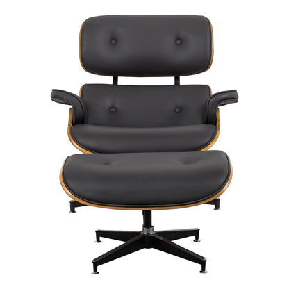 Armchair-footstool relax Jenna black pu-plywood walnut-chrome base 82x92x82cm