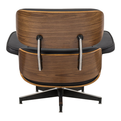 Armchair-footstool relax Jenna black pu-plywood walnut-chrome base 82x92x82cm